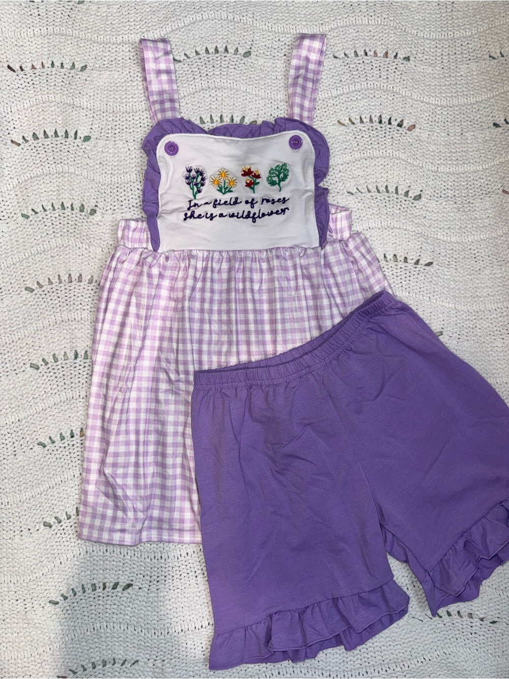 NWT Lilac Gingham Girls' Set with Floral Embroidered Top